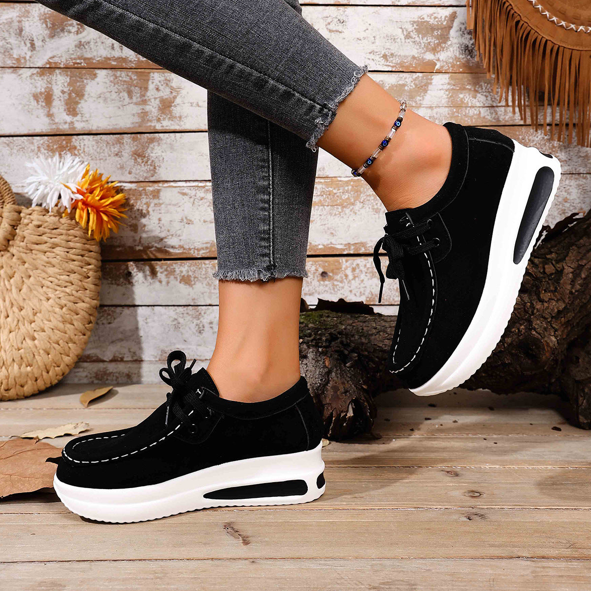 Women's Platform Lace-Up Loafers - Chunky Sole Suede Casual Sneakers