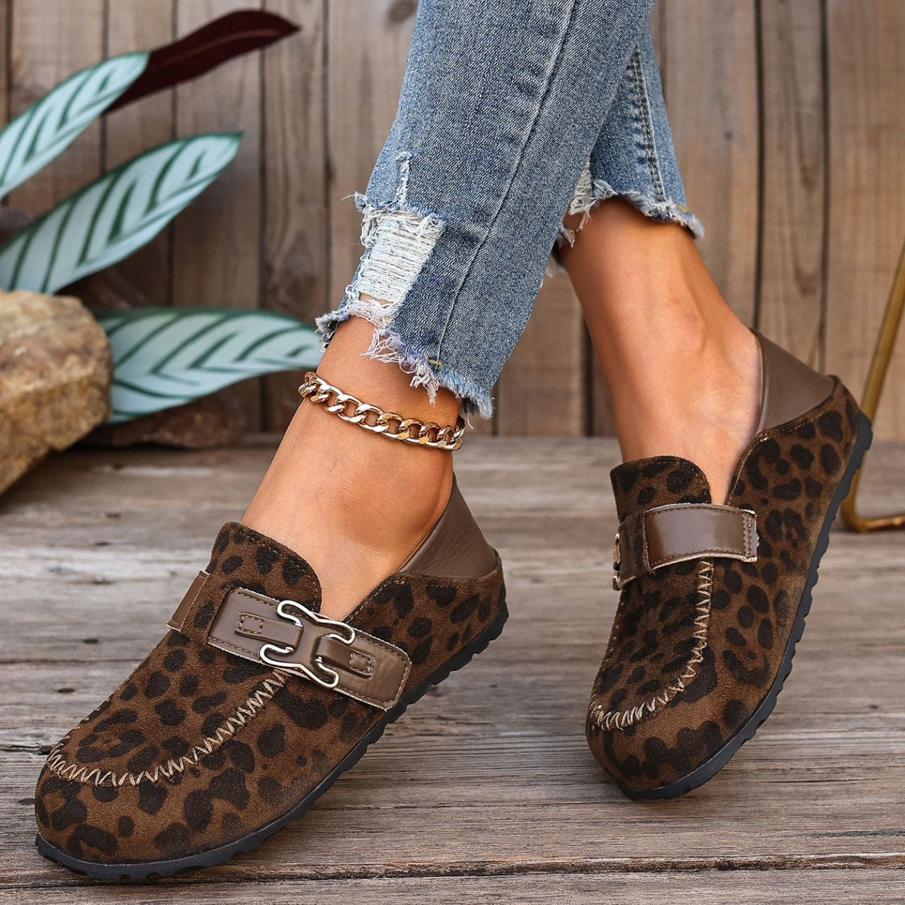 Women's Suede Buckle Mule Loafers - Leopard Print & Solid Casual Slip-On Shoes