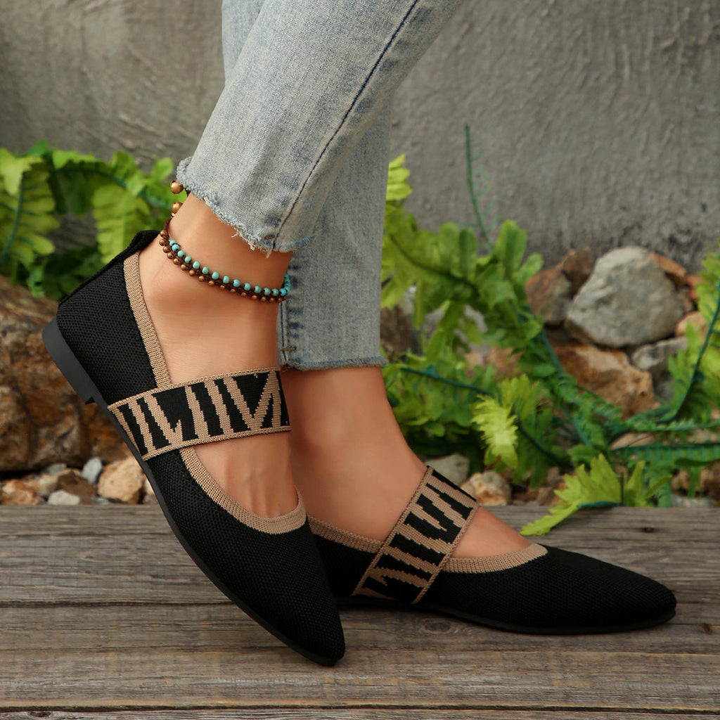 Women's Pointed Toe Mary Jane Flats - Woven Knit Elastic Strap Comfort Shoes