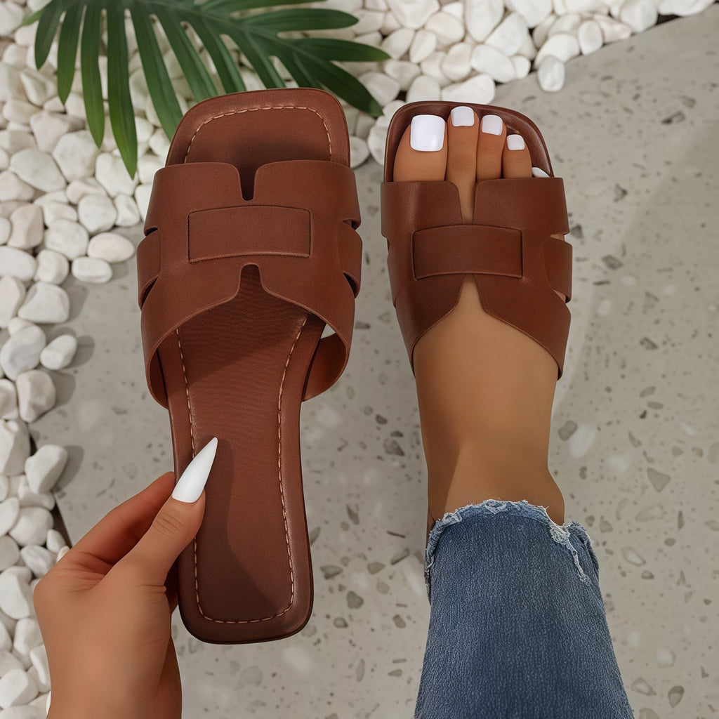 Women's Chunky Slide Sandals - Wide Strap Flat Block Heel Mules