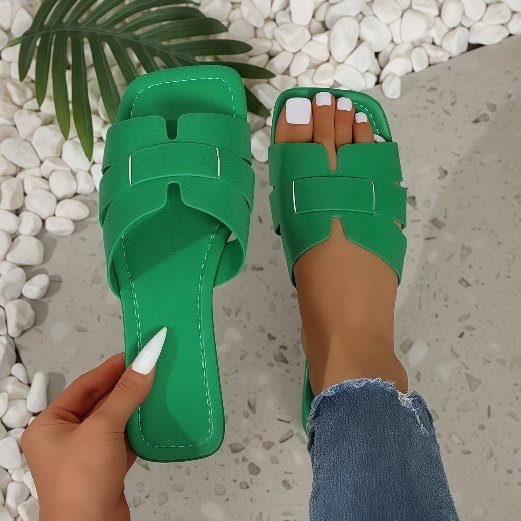 Women's Chunky Slide Sandals - Wide Strap Flat Block Heel Mules