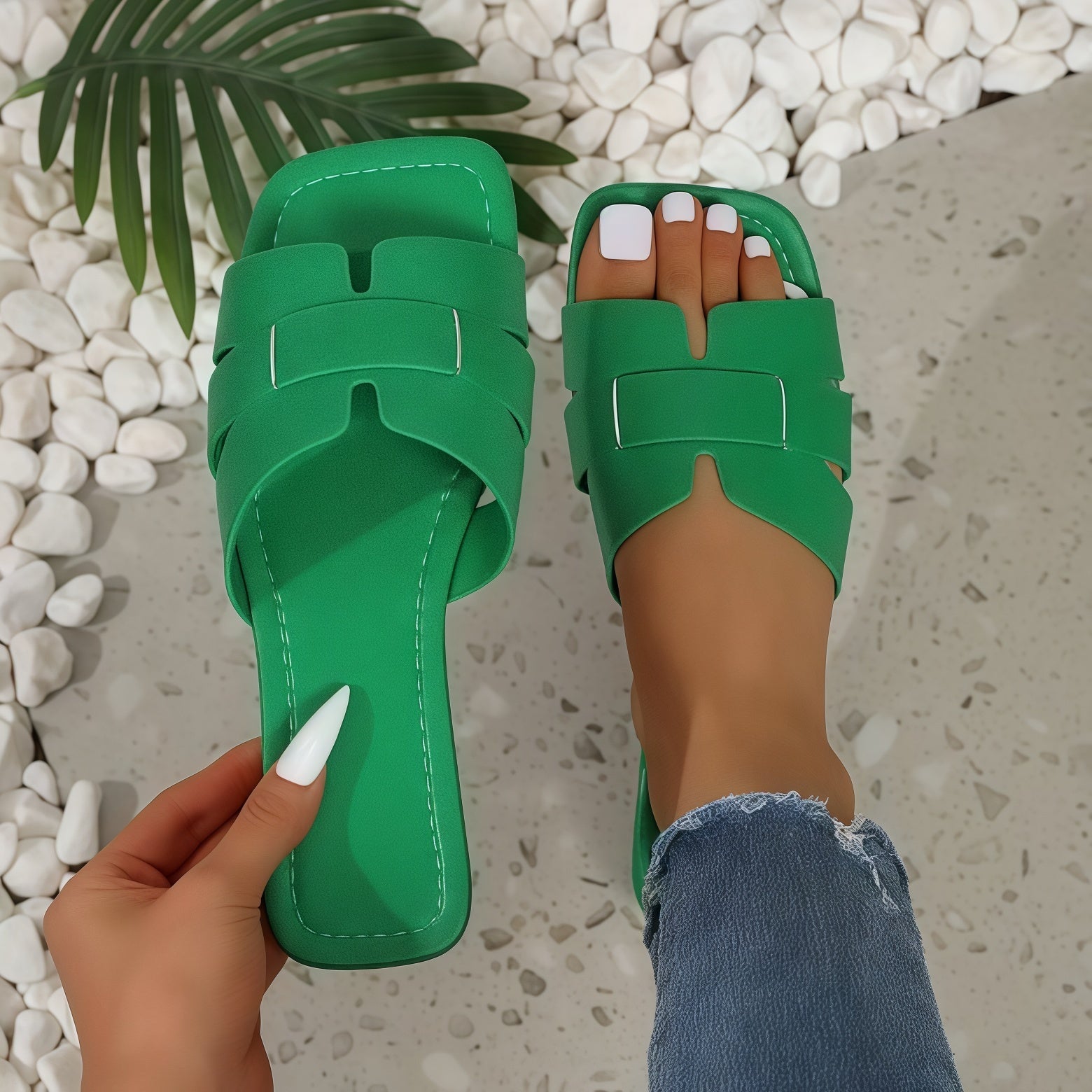 Women's Chunky Slide Sandals - Wide Strap Flat Block Heel Mules