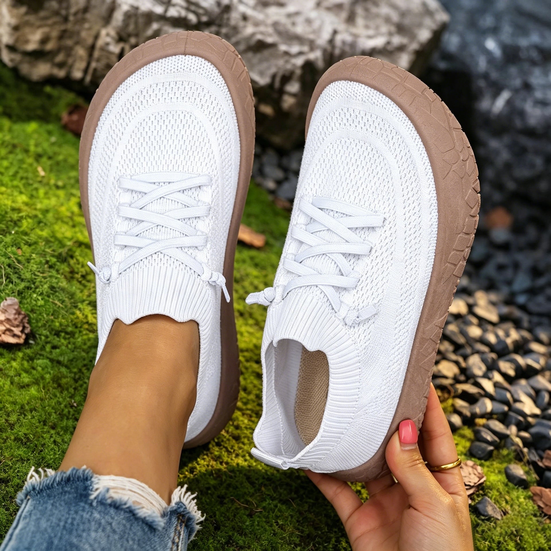 Women's Lightweight Knit Slip-On Sneakers - Breathable Flyknit Casual Shoes