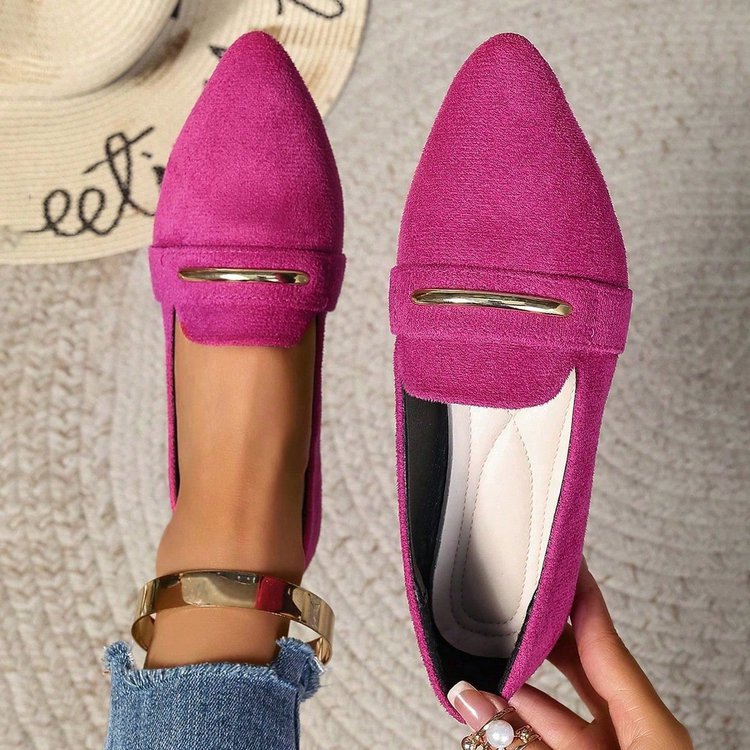 Women's Pointed Toe Loafers with Gold Metal Bar – Suede Ankle Strap Flats Comfortable Slip-On Shoes
