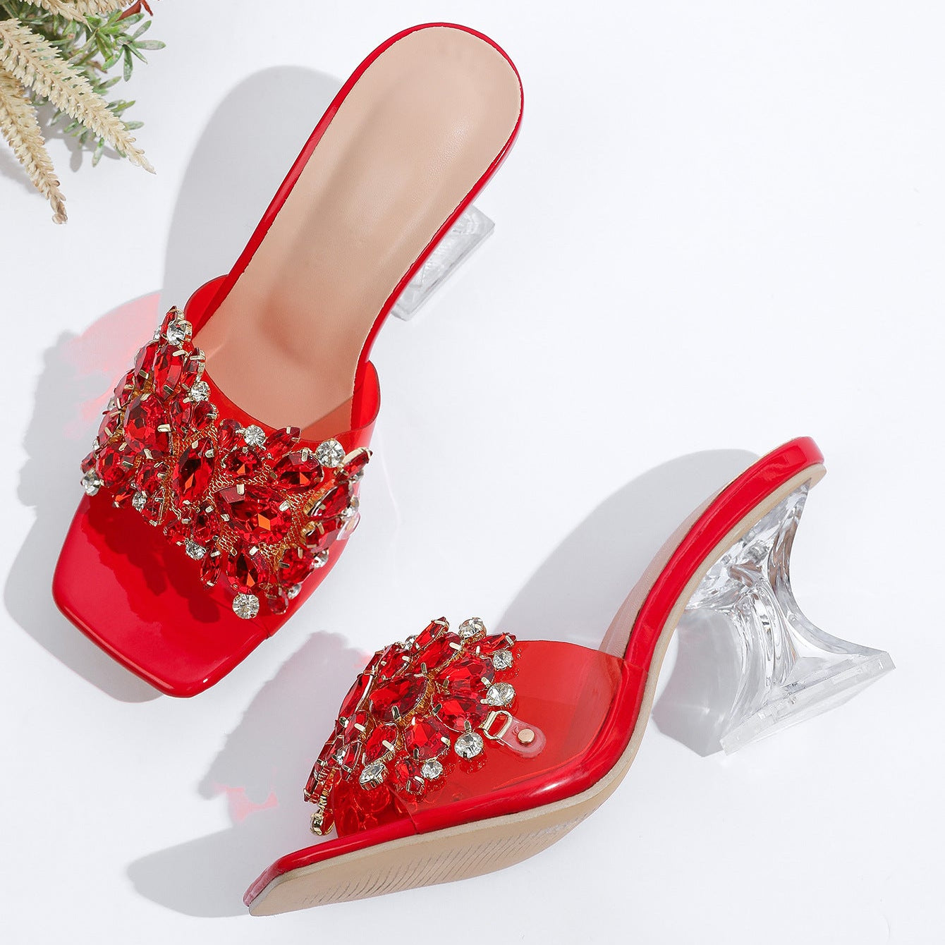 Sparkle Square Toe Clear Heeled Sandals – Rhinestone Embellished Transparent Mules