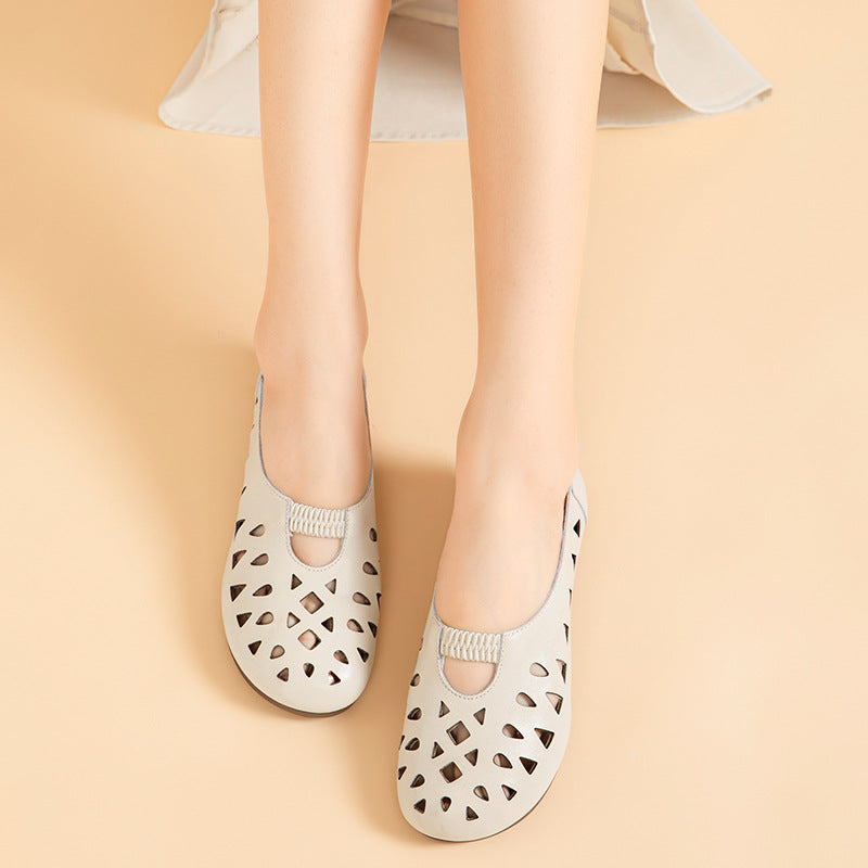 Women's Perforated Leather Slip-On Flats - Breathable Hollow Out Casual Shoes
