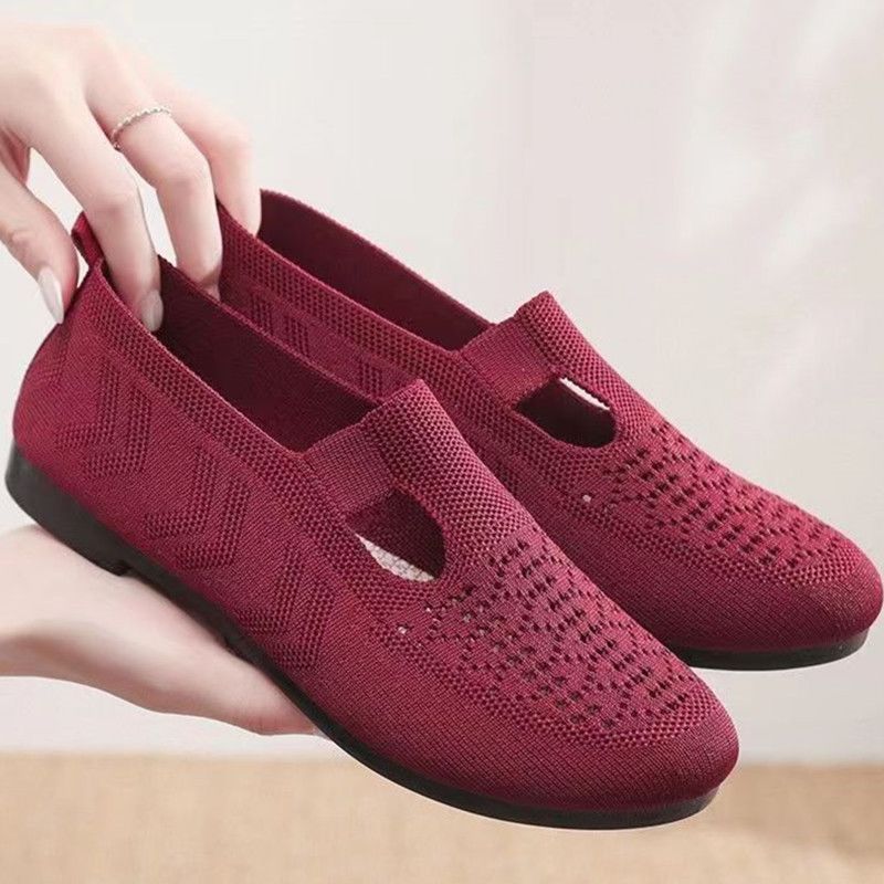 Women's Breathable Knit Slip-On Flats with Cutout Detail - Lightweight Casual Shoes