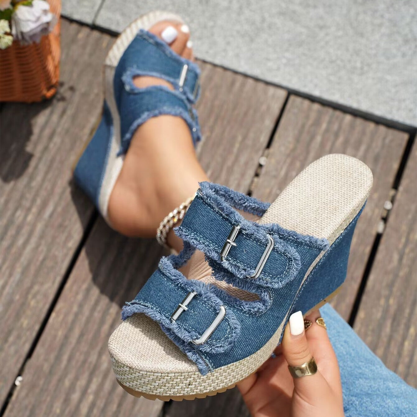 Women's Denim Wedge Platform Sandals Frayed Buckle Strap Espadrille Mules