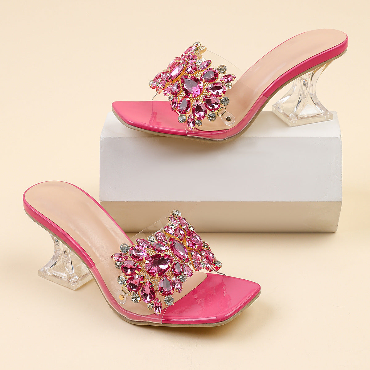 Sparkle Square Toe Clear Heeled Sandals – Rhinestone Embellished Transparent Mules