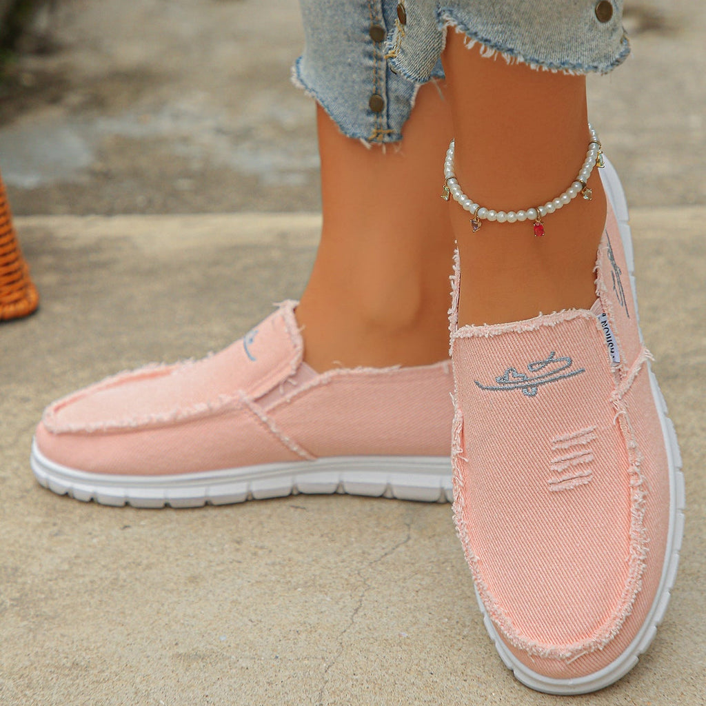 Women's Distressed Canvas Slip-On Loafers - Skateboard Embroidered Casual Shoes