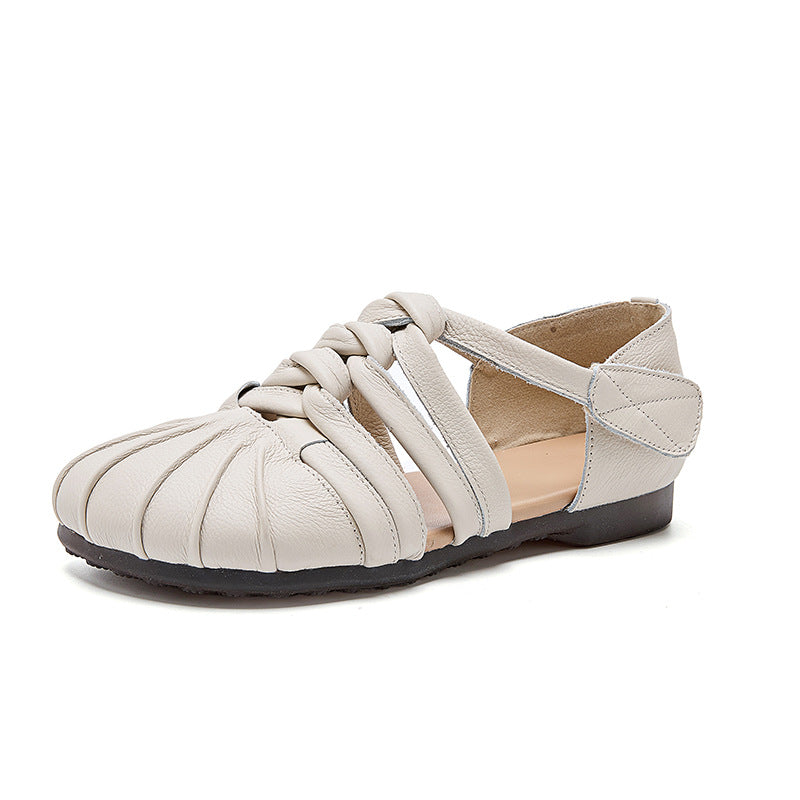 Women's Genuine Cow Leather Woven Strappy Flat Sandals - Pleated Open Toe Comfort Shoes with Ankle Strap