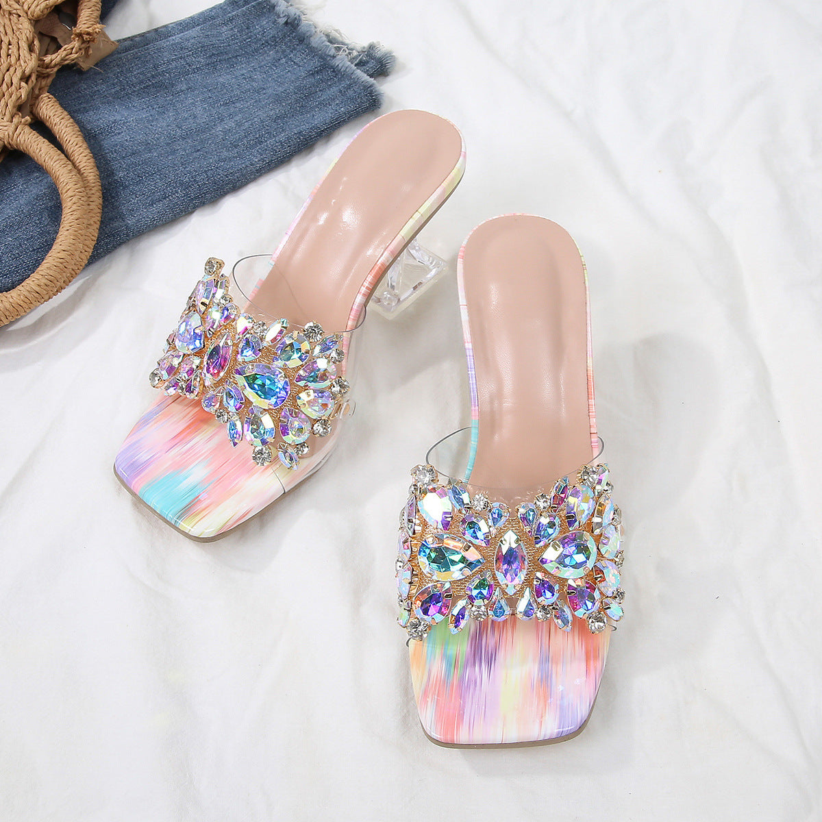 Sparkle Square Toe Clear Heeled Sandals – Rhinestone Embellished Transparent Mules