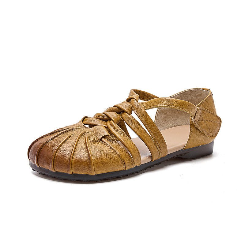 Women's Genuine Cow Leather Woven Strappy Flat Sandals - Pleated Open Toe Comfort Shoes with Ankle Strap