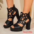 Women's Cutout Platform Chunky Heel Sandals - Black Hollow Peep Toe Ankle Boots