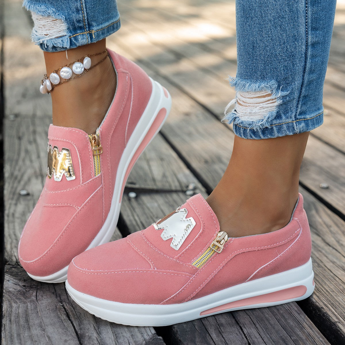Women's Slip-On Platform Sneakers with Zipper & Metallic Accent - Casual Wedge Shoes