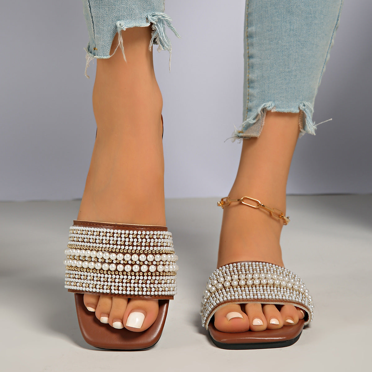 Pearl Rhinestone Embellished Square Toe Slide Sandals – Flat Comfort Mules