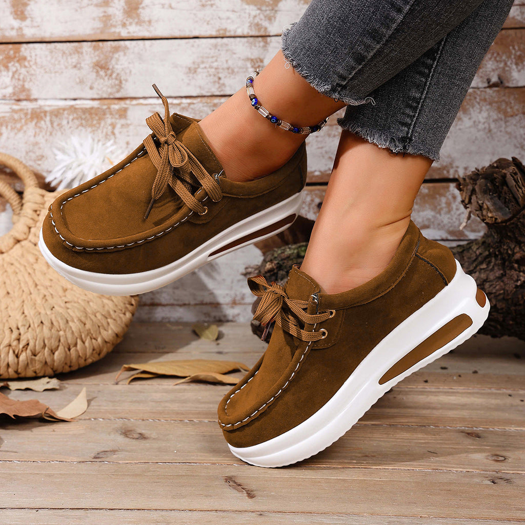 Women's Platform Lace-Up Loafers - Chunky Sole Suede Casual Sneakers