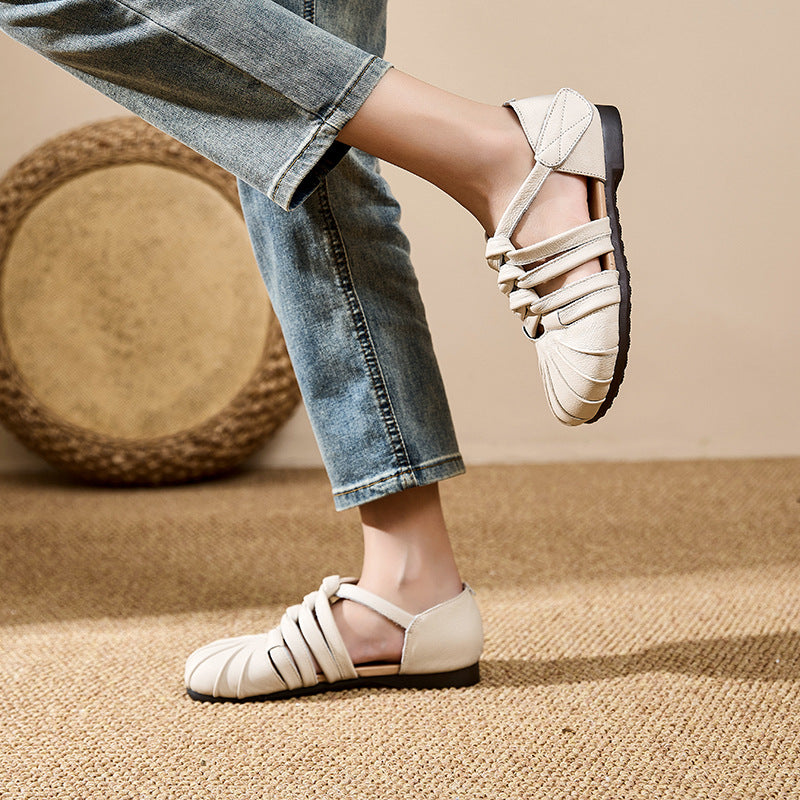 Women's Genuine Cow Leather Woven Strappy Flat Sandals - Pleated Open Toe Comfort Shoes with Ankle Strap