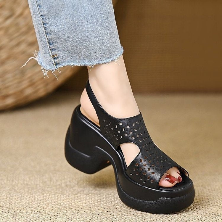 Women's 6CM Platform Chunky Heel Sandals - Perforated Cutout Open Toe Slingback Shoes with Ankle Strap