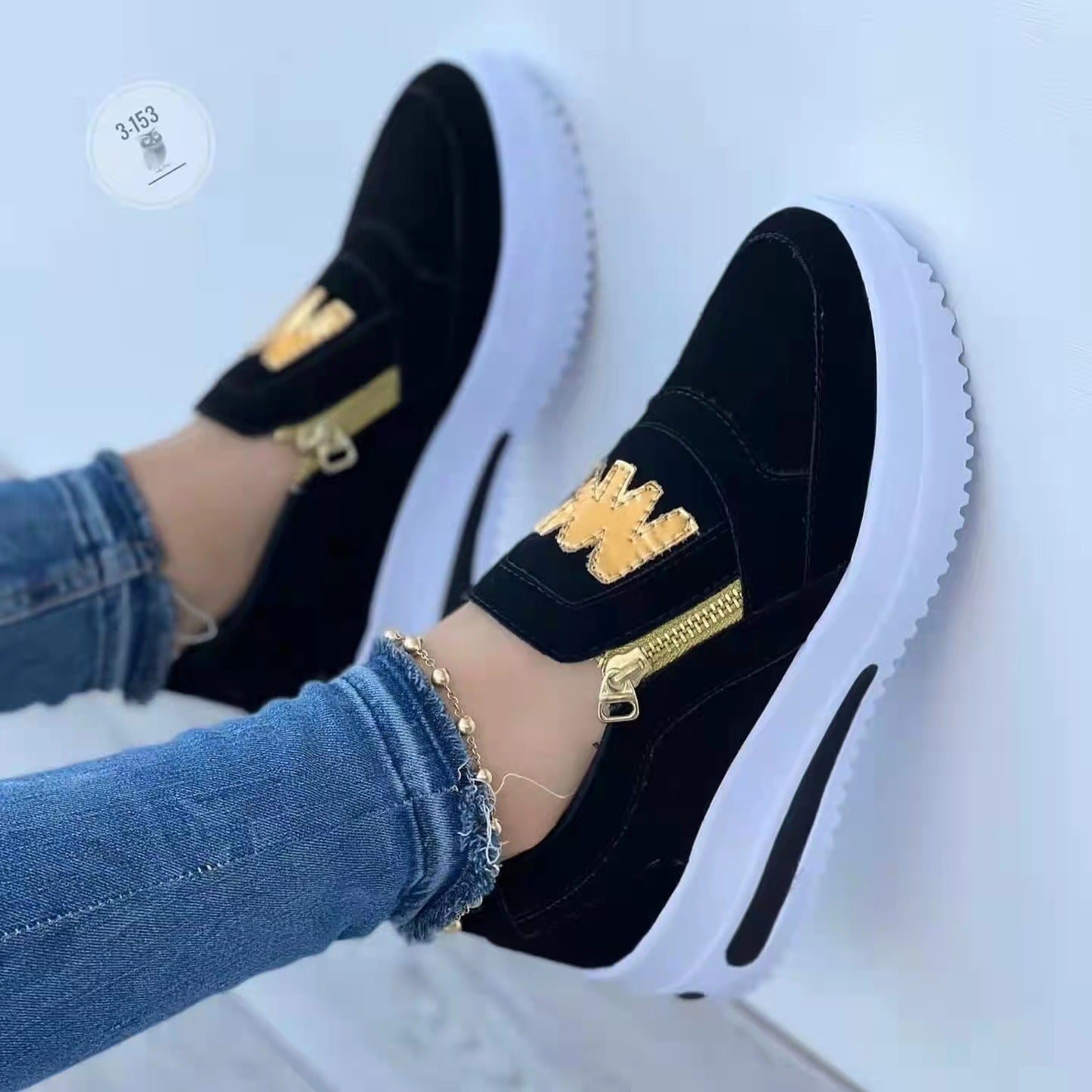 Women's Slip-On Platform Sneakers with Zipper & Metallic Accent - Casual Wedge Shoes