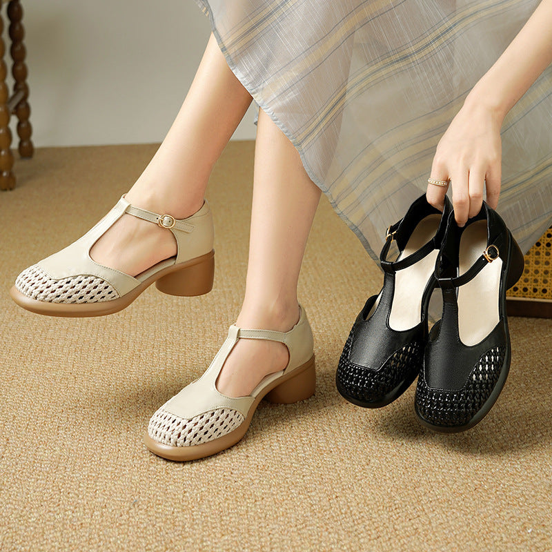 Women's Full-Grain Leather Mary Jane Pumps – Breathable Woven Toe | 5CM Block Heel Comfort Shoes