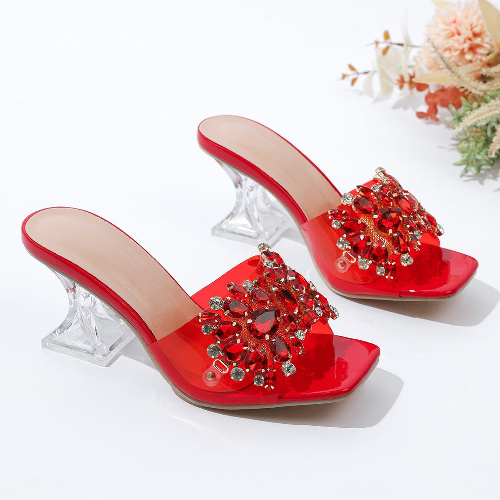 Sparkle Square Toe Clear Heeled Sandals – Rhinestone Embellished Transparent Mules
