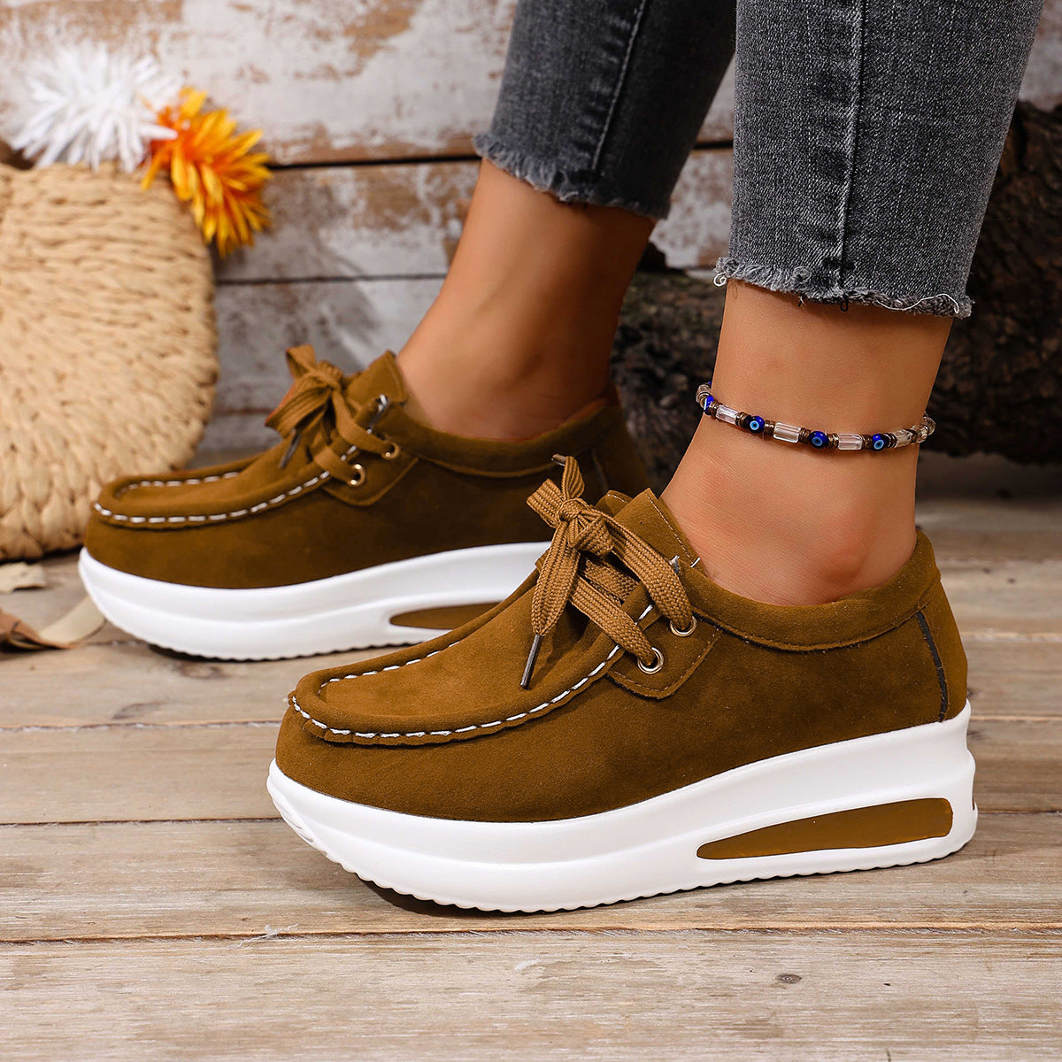 Women's Platform Lace-Up Loafers - Chunky Sole Suede Casual Sneakers