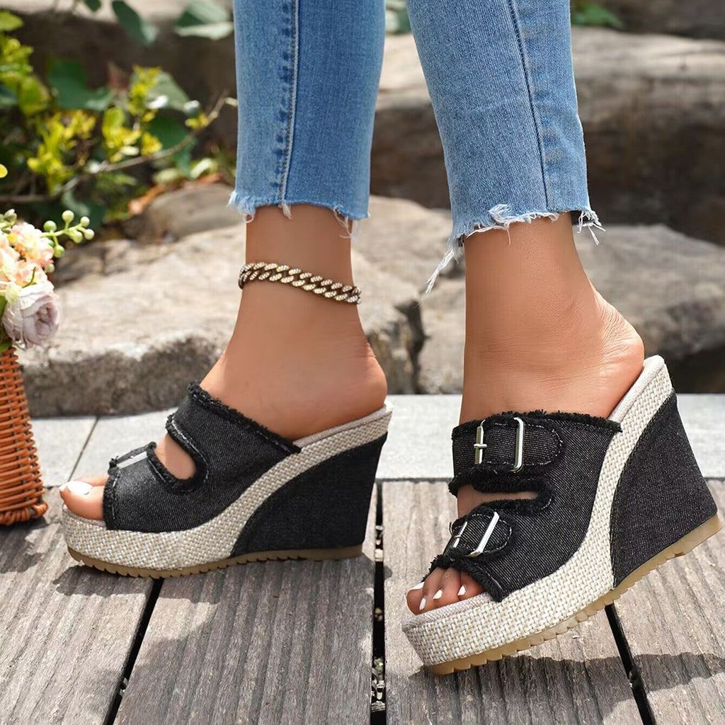 Women's Denim Wedge Platform Sandals Frayed Buckle Strap Espadrille Mules