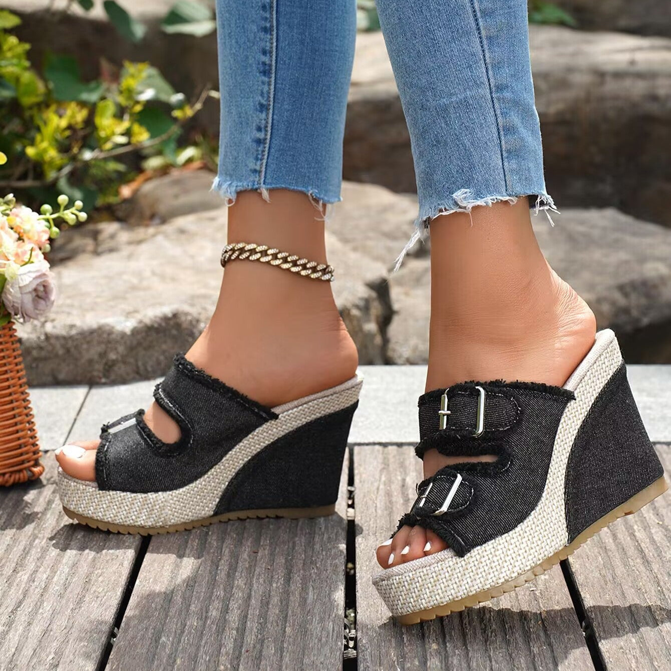Women's Denim Wedge Platform Sandals Frayed Buckle Strap Espadrille Mules
