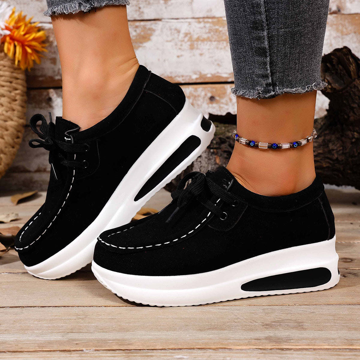 Women's Platform Lace-Up Loafers - Chunky Sole Suede Casual Sneakers