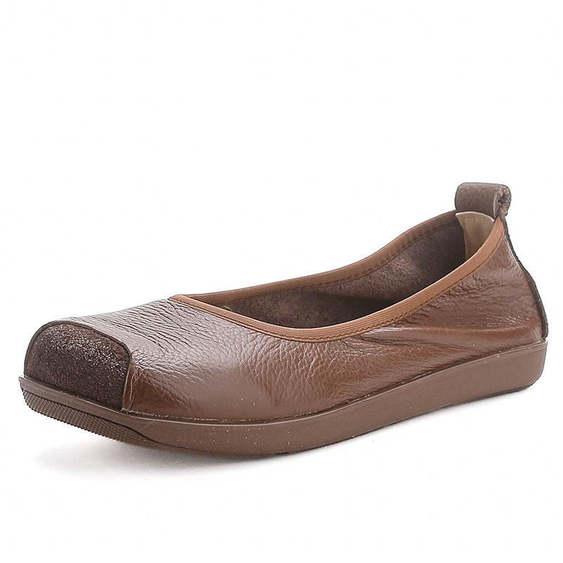 Women's Genuine Cowhide Leather Slip-On Flats - Square Toe Comfort Casual Shoes