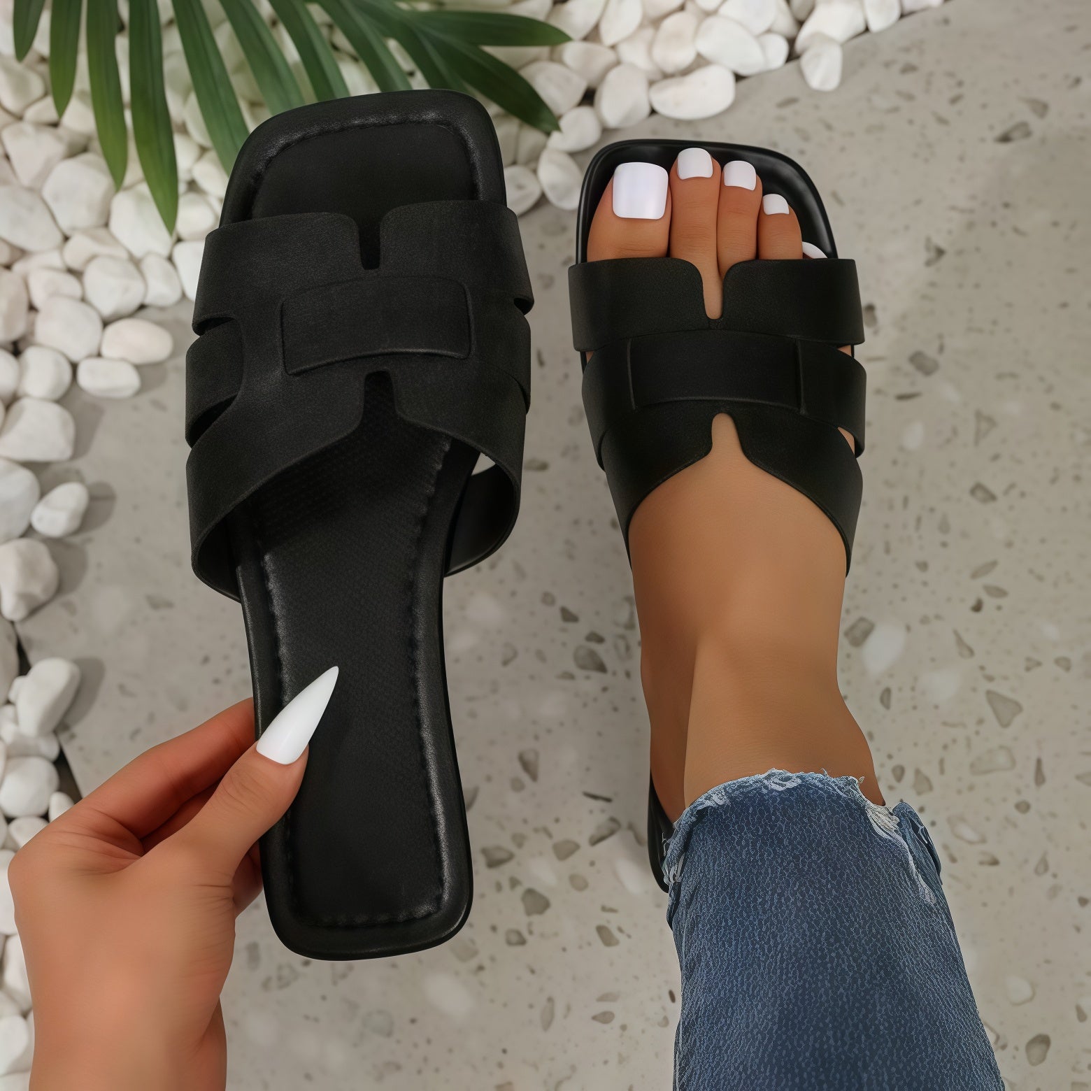 Women's Chunky Slide Sandals - Wide Strap Flat Block Heel Mules
