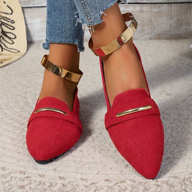 Women's Pointed Toe Loafers with Gold Metal Bar – Suede Ankle Strap Flats Comfortable Slip-On Shoes
