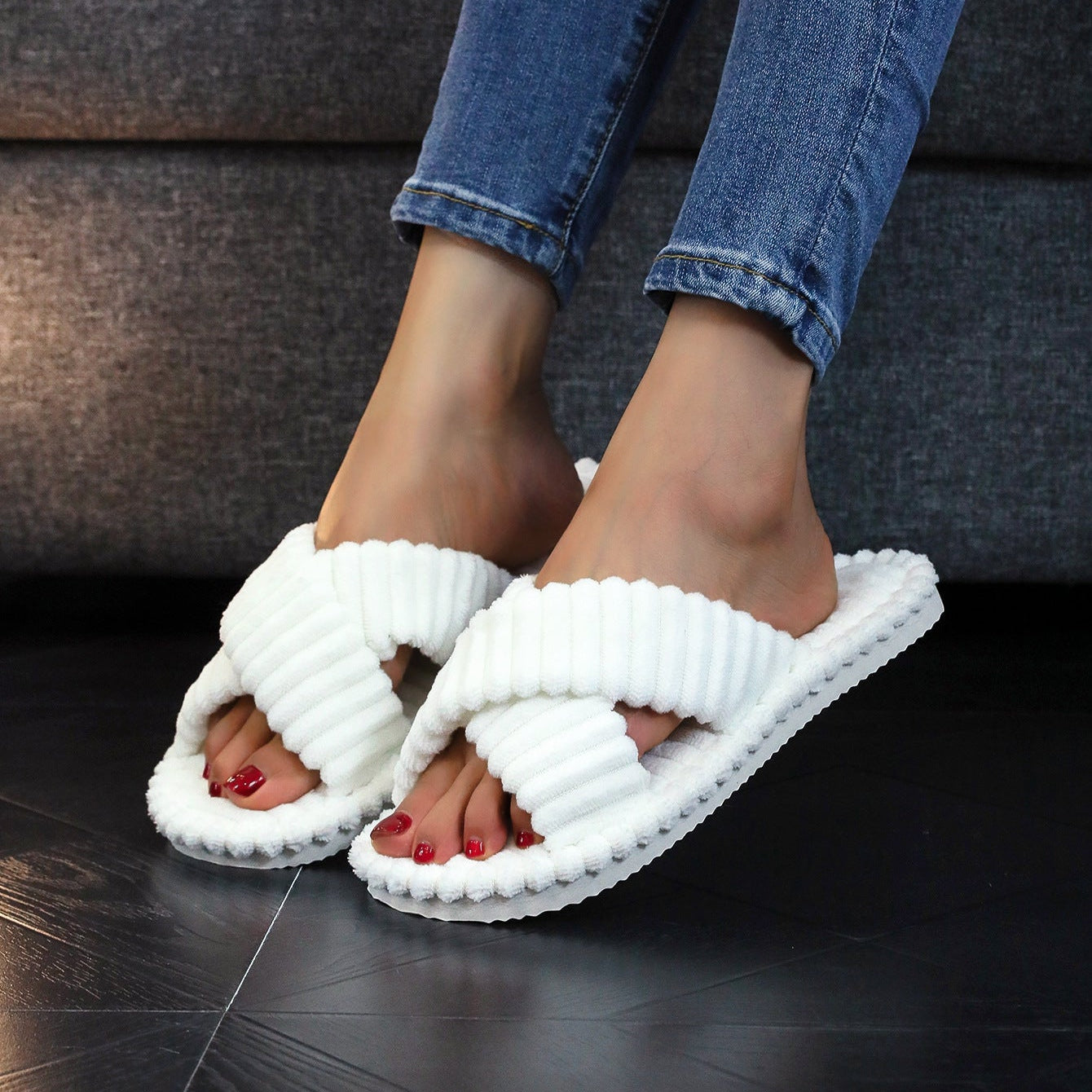 Cozy Corduroy Cross Strap Slides – Plush Platform Slippers