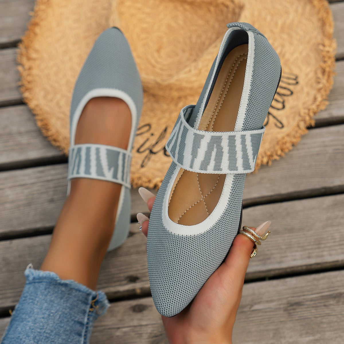 Women's Pointed Toe Mary Jane Flats - Woven Knit Elastic Strap Comfort Shoes