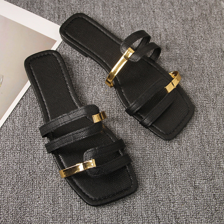 Women's Square Toe Strappy Slide Sandals with Gold Metal Accents – Comfortable Flat Summer Shoes