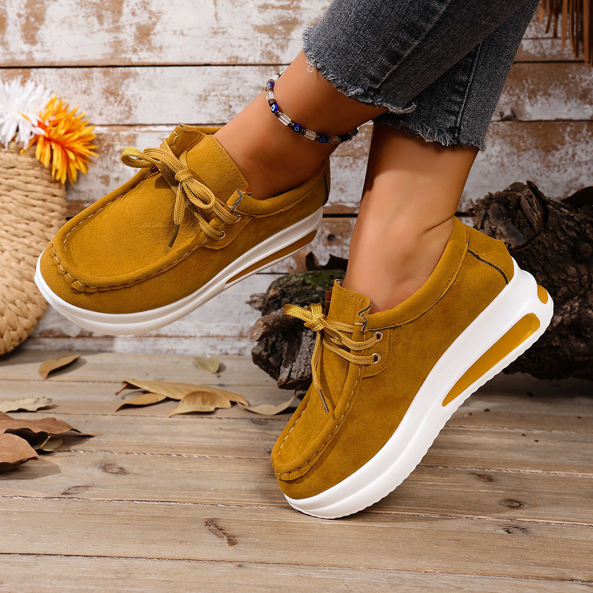 Women's Platform Lace-Up Loafers - Chunky Sole Suede Casual Sneakers