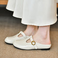 Women's White T-Strap Mule Loafers with Gold Buckle