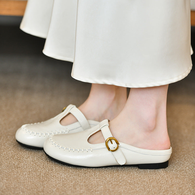 Women's White T-Strap Mule Loafers with Gold Buckle