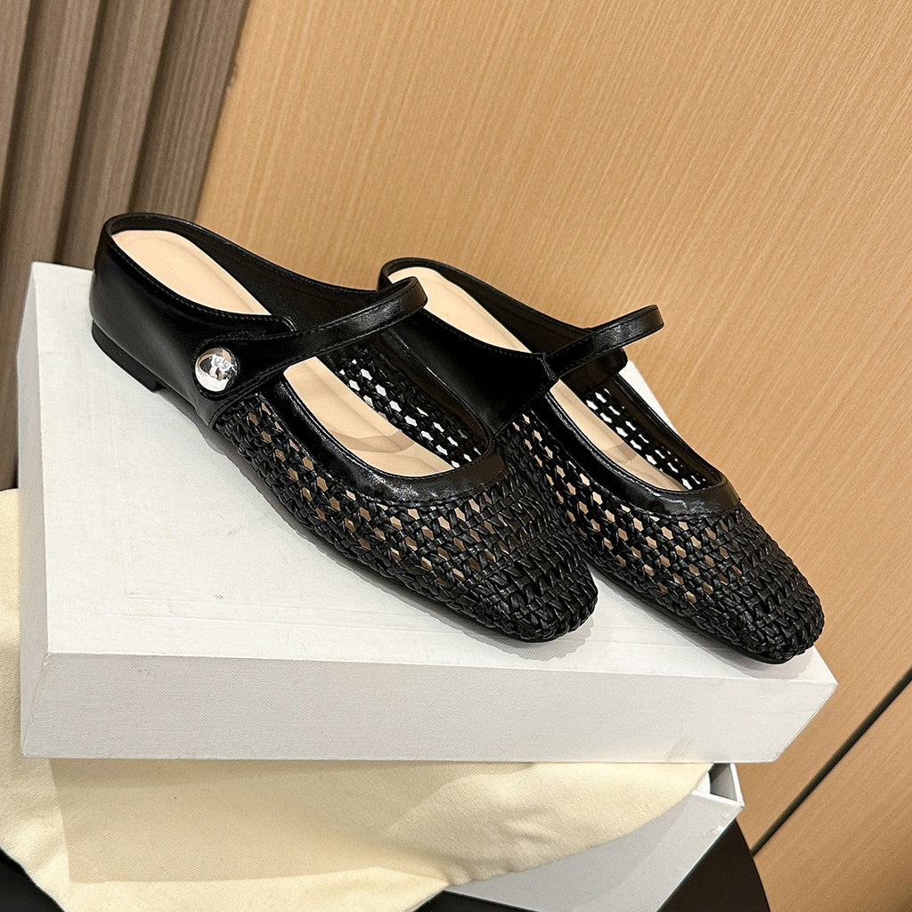 Square-toe woven cut-out casual flats