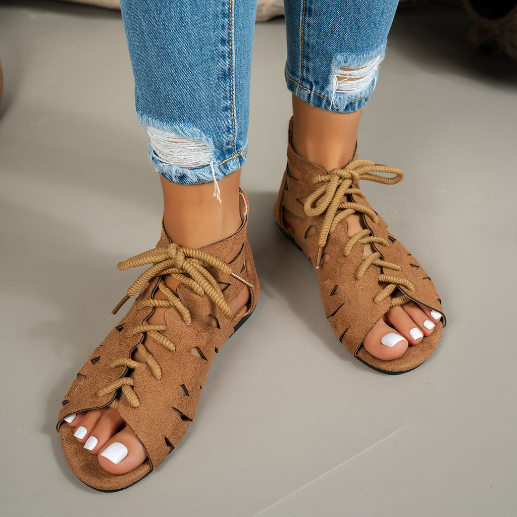 Women's Retro Cut-out Round-Toe Lace-up Flat Sandals