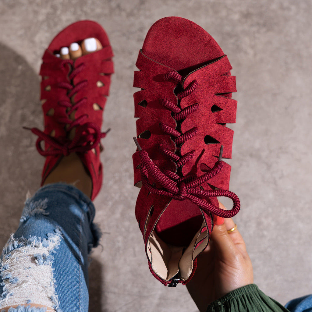 Women's Retro Cut-out Round-Toe Lace-up Flat Sandals