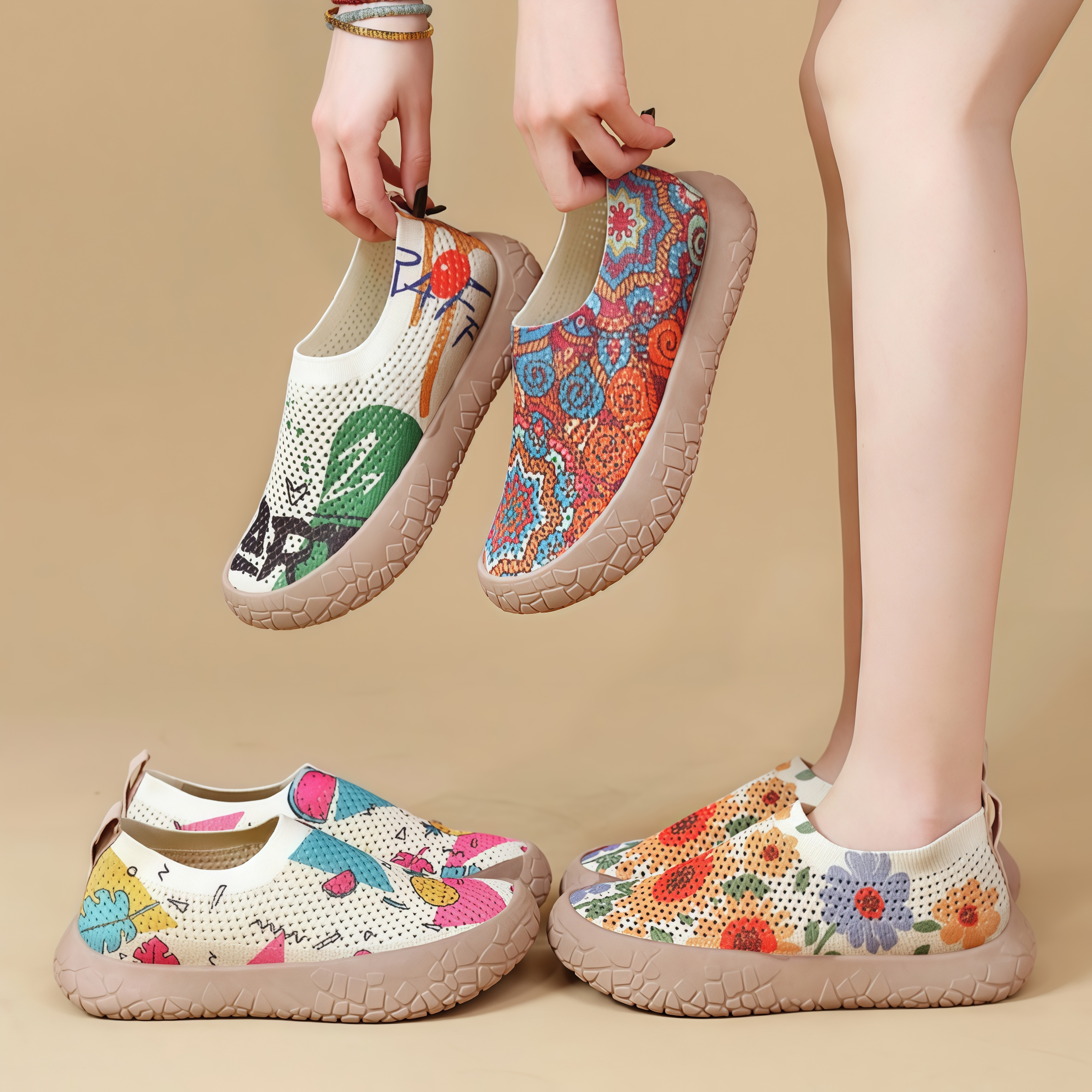 Women's Breathable Slip-On Sneakers - Colorful Comfort Walking Shoes