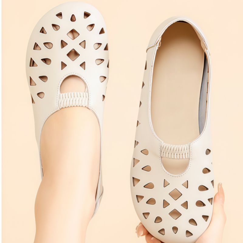 Women's Perforated Leather Slip-On Flats - Breathable Hollow Out Casual Shoes