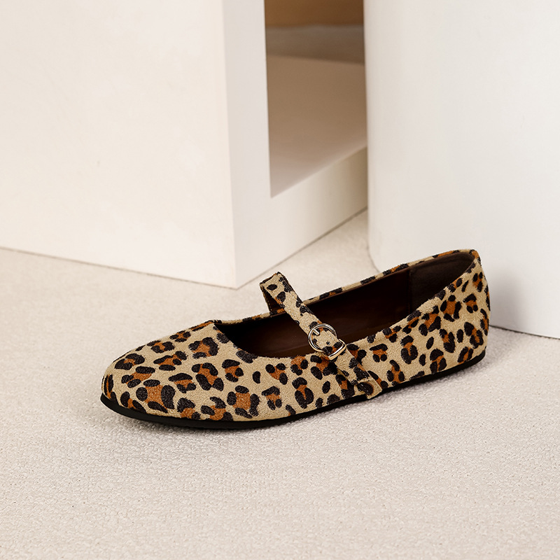 Women's Leopard-Print Mary Jane Flats with Adjustable Buckle Strap