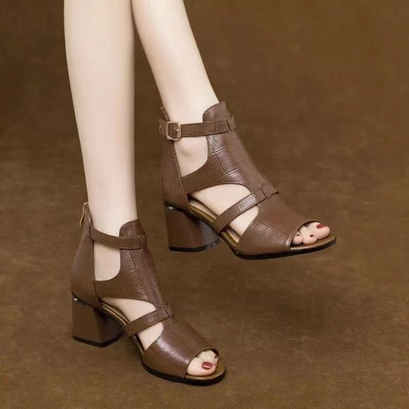 Women's Vintage-Style Cut-Out Open-Toe Ankle Boots with Croc-Embossed Finish