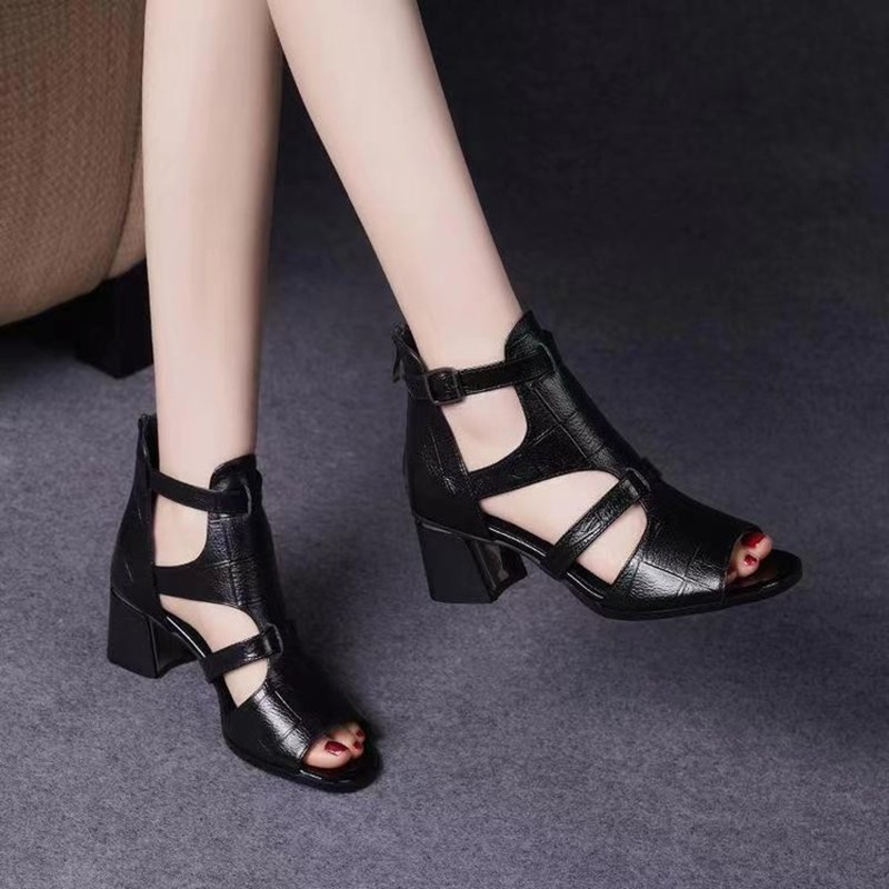 Women's Vintage-Style Cut-Out Open-Toe Ankle Boots with Croc-Embossed Finish