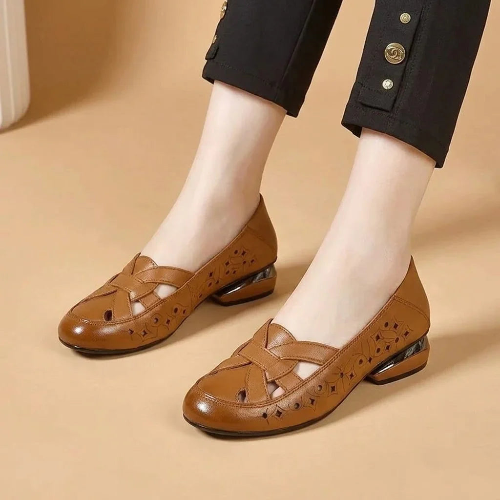 Elegant Woven Cutout Slip-On Flats for Women – Breathable Low Heel Comfort Shoes