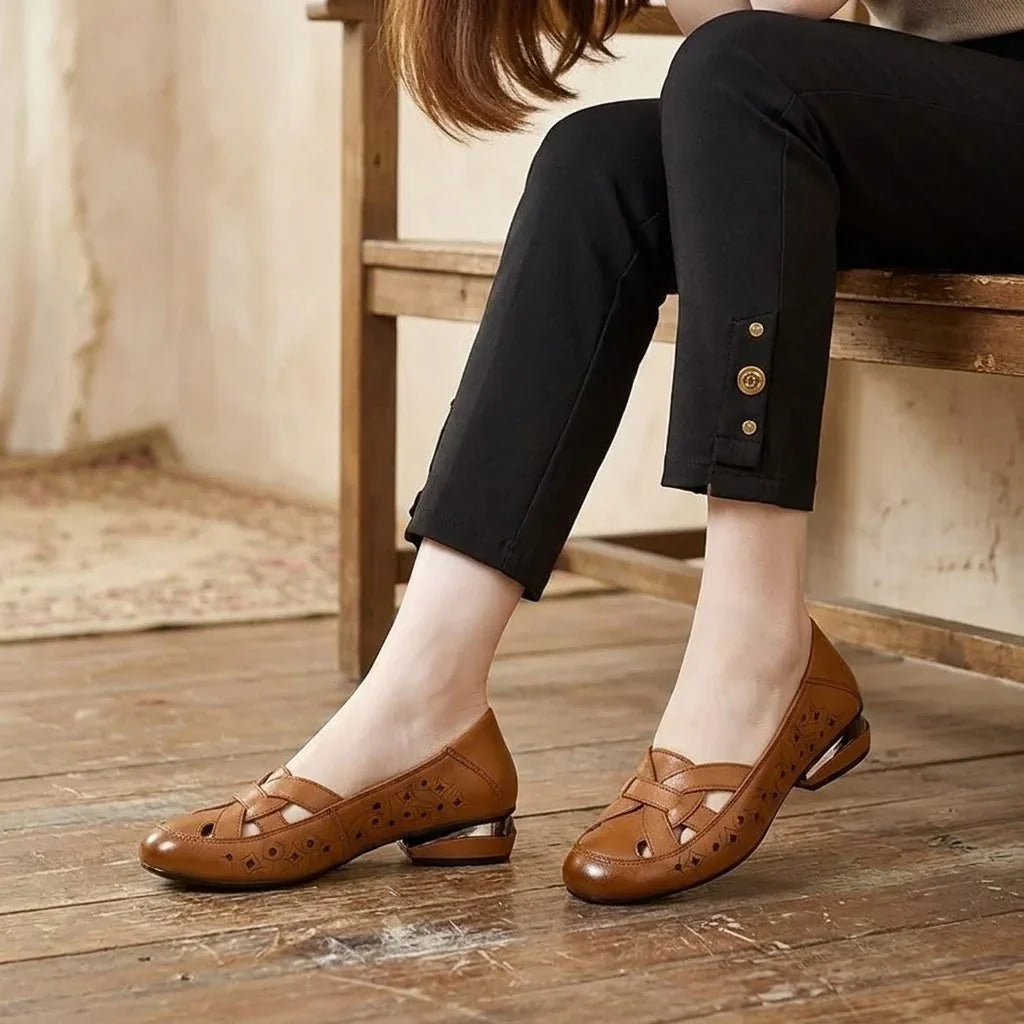 Elegant Woven Cutout Slip-On Flats for Women – Breathable Low Heel Comfort Shoes