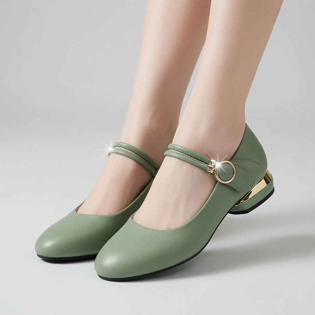 Genuine Leather Mary Jane Low Heel Pumps for Women – 2.5cm Ankle Strap Buckle Flats